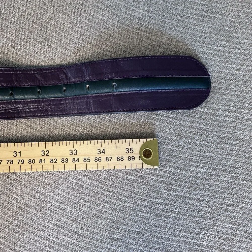Vintage Geiger Wide Leather Belt Large Gold Buckle Sz S Purple Green Retro 550